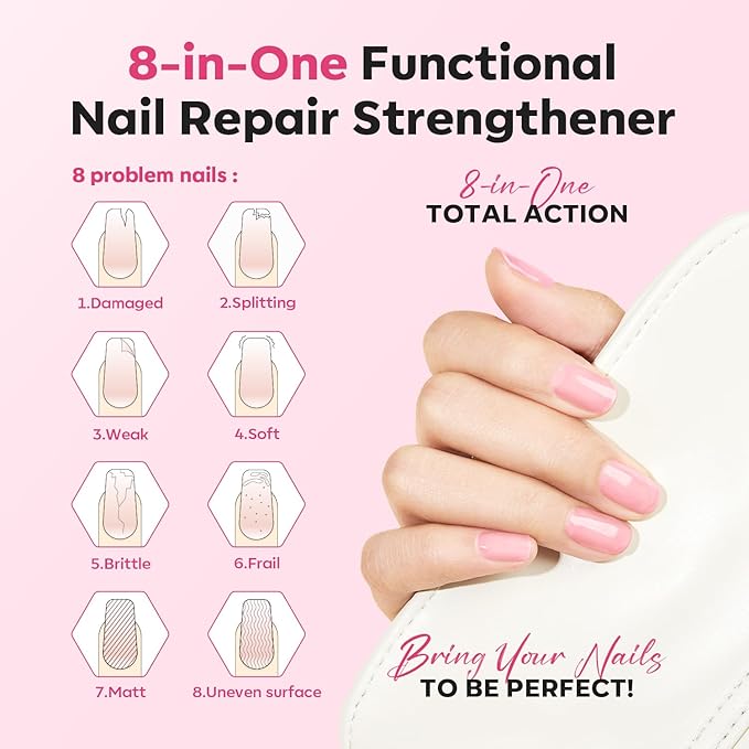modelones Nail Strengthener, 8-in-One Nail Ridge Filler Base Coat Nail Polish Repair Nail Growth Treatment for Thin and Damaged Nails, Jelly Pink, 15ml