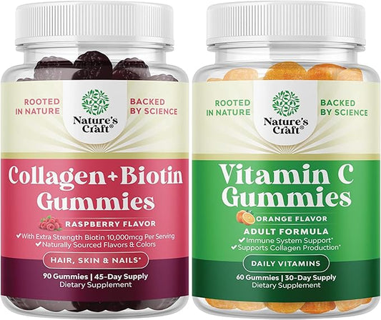 Natures Craft Bundle of Hair Skin and Nails Gummies for Women Extra Strength Biotin 90ct and Collagen Gummies and Chewable Vitamin C Gummies for Adults - Halal Vitamin C Immune Support Gummies