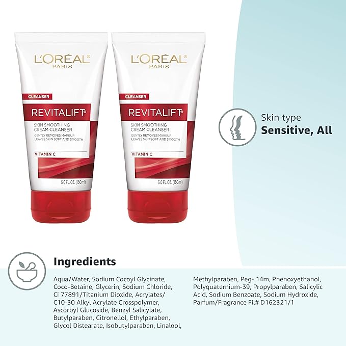 L'Oreal Paris Revitalift Daily Cream Cleanser, Gentle Makeup Remover Face Wash with Vitamin C 5 fl. oz (Pack of 2)