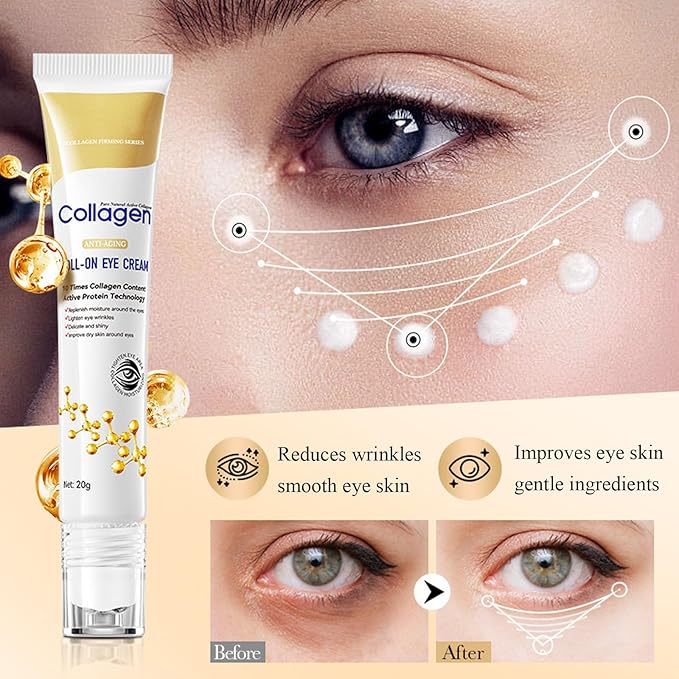 Collagen Eye Cream Anti Aging, Eye Cream with Roller for Dark Circles and Puffiness, Reduce Fine Line, Tightening Lifting Sagging Skin Around Eyes, Hydration Nourishes Dry Skin