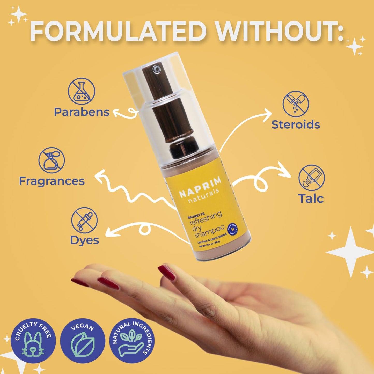 Naprim Naturals Nourishing Dry Shampoo Hair Powder for Brunettes - Talc-Free Oil Absorption for Lightweight Volume - No Residue UV Protection Non-Aerosol - Travel-Friendly Hair Care (30g)