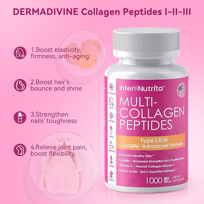 Collagen Peptides with Vitamin C, Multi Collagen Peptides Types I, II, III with Chondroitin Sulfate and Curcumin, Collagen Supplements for Skin, Hair Nail, Joint and Gut Health