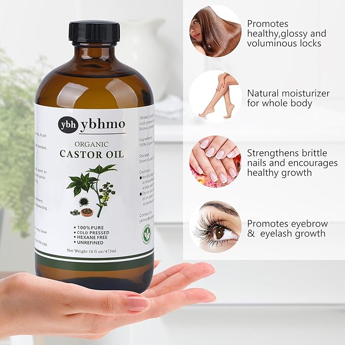 Cold Pressed Castor Oil Organic Glass Bottle(16 Fl Oz),100% Pure &Hexane Free, Castor Oil for Hair Growth & Care, Thicker Eyelashes & Eyebrows,Castor oil pack & Moisturize Body Skin