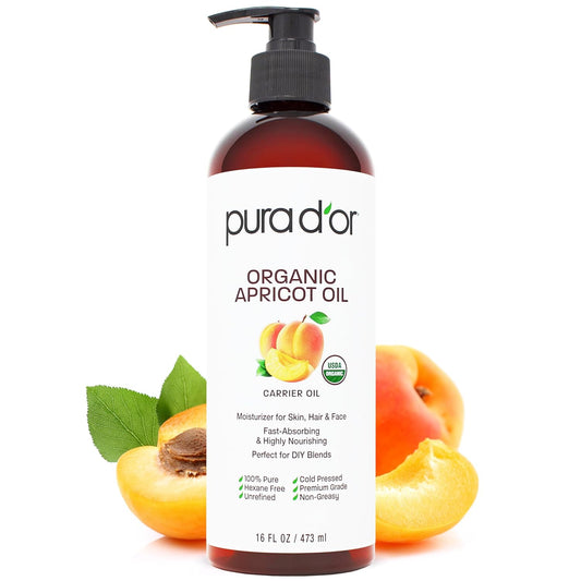 PURA D'OR 16 Oz ORGANIC Apricot Kernel Oil - 100% Pure & Natural USDA Certified Cold Pressed Carrier Oil - Antioxidant & Vitamin E Rich Moisturizer for Natural Glow & Softness - Face, Skin & Hair