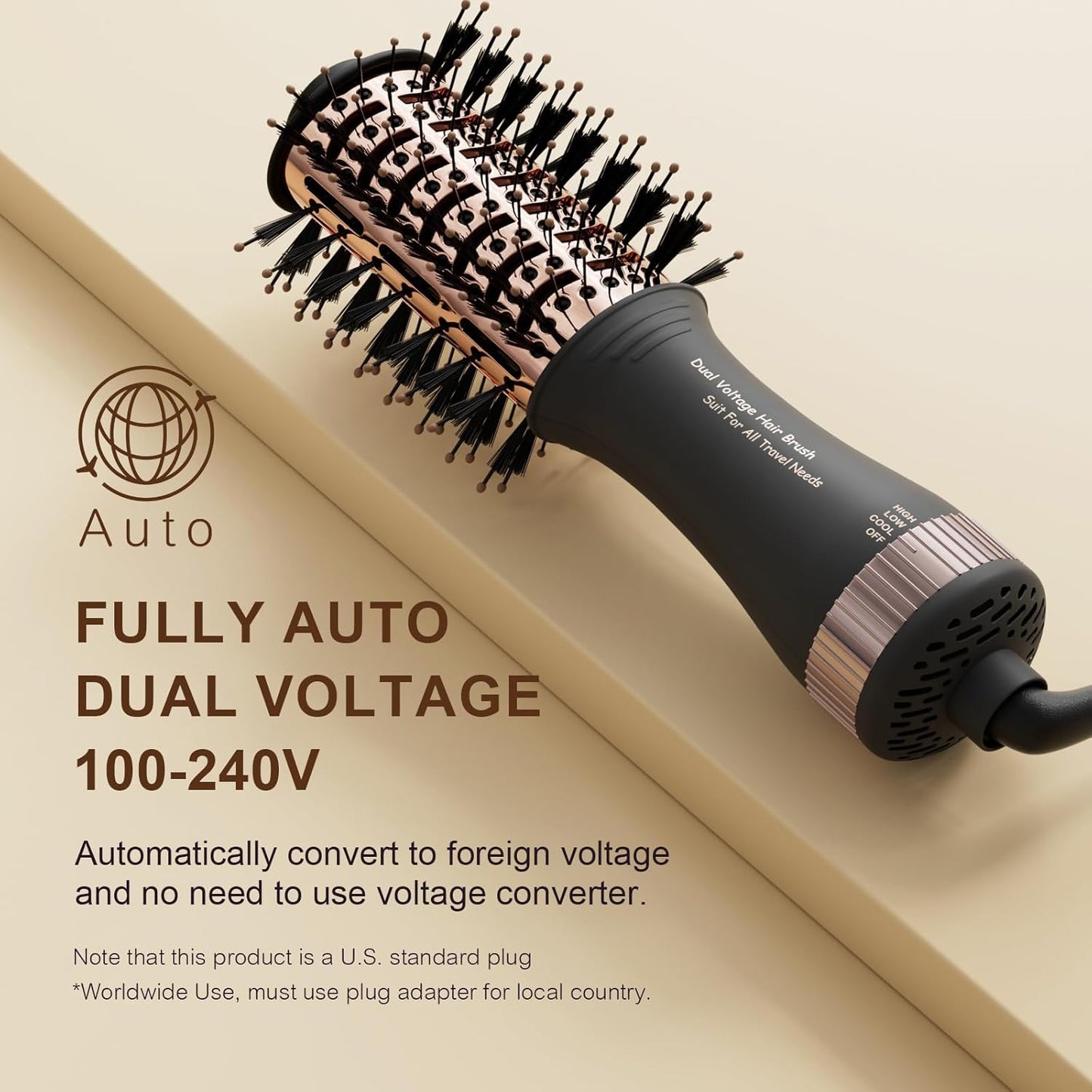 Dual Voltage Blow Dryer Brush Travel Hair Dryer Brush in One,2 inch Oval Shape Hot Air Brush,Travel Hair Tools/Volumizer/Straightener/Curler,European Blow Dry Brush with Universal Adapter