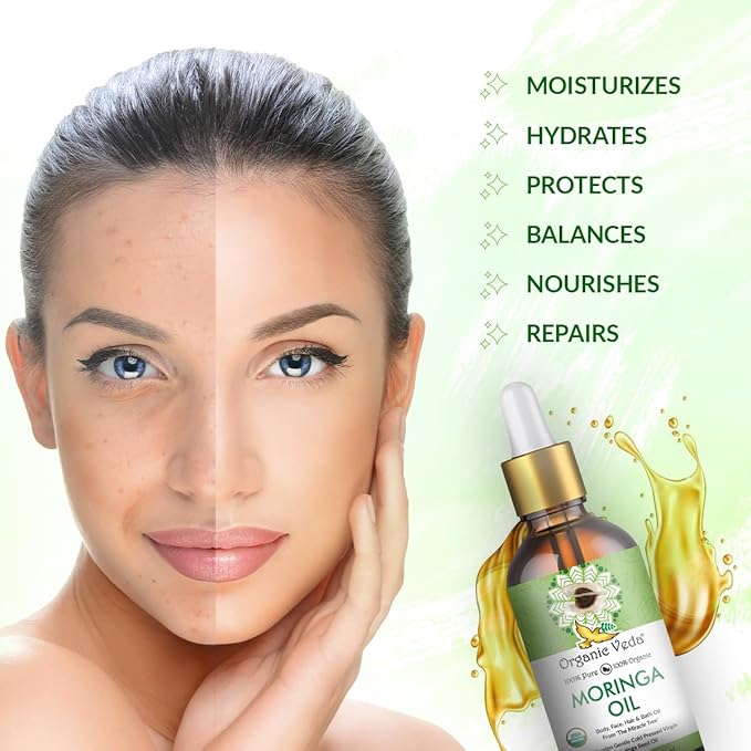 Organic Veda Moringa Oil Virgin 100% Pure & USDA Organic - Multi Purpose, Face, Hair & Skin, Nails, Fast Absorbing, Moisturizing & Beautifying - The Miracle Tree Moringa Oleifera Seed Oil, 1.7 fl.oz