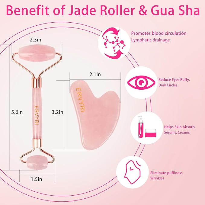 Jade Roller and Gua Sha Set - Rose Quartz Face Roller Skin Care Gua Sha Facial Tools , Face Massager for Women, Relieve Stress, Remove Wrinkles Eye Puffiness-Pink