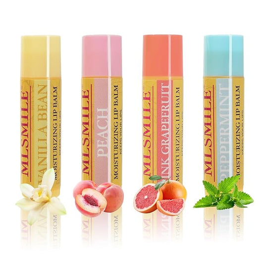 Lip Balm 4-Pack - Stocking Stuffers & Christmas Gifts for Women Girls, Moisturizing Lip Care with Vitamin E & Natural Oils, 4 Flavor Variety (Vanilla, Peach, Grapefruit, Mint)