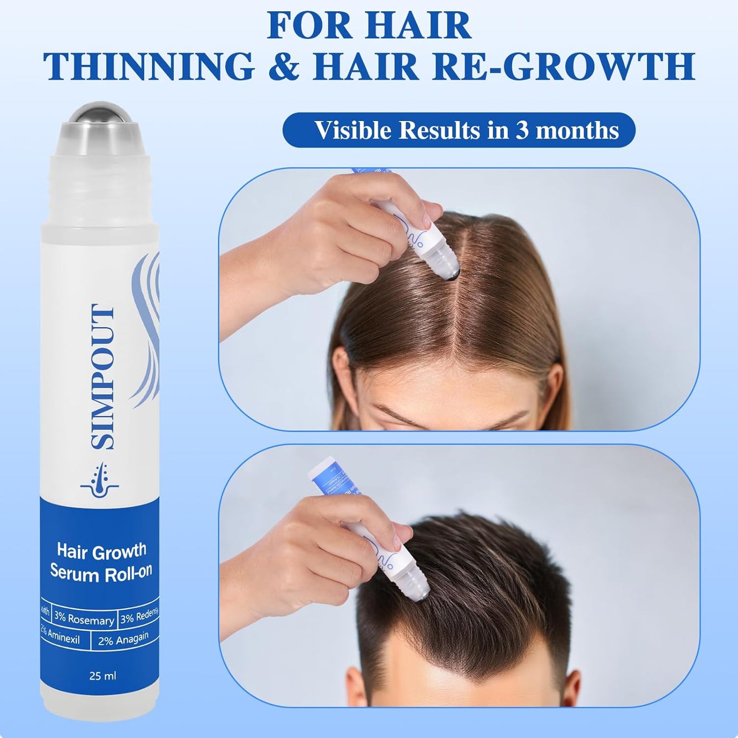 Rosemary Hair Growth Serum Roll On, Nourishing Scalp Hair, Thicker & Stronger Hair, Reduces Hair Fall, Suit for Women Men, For All Hair Types(Rosemary)