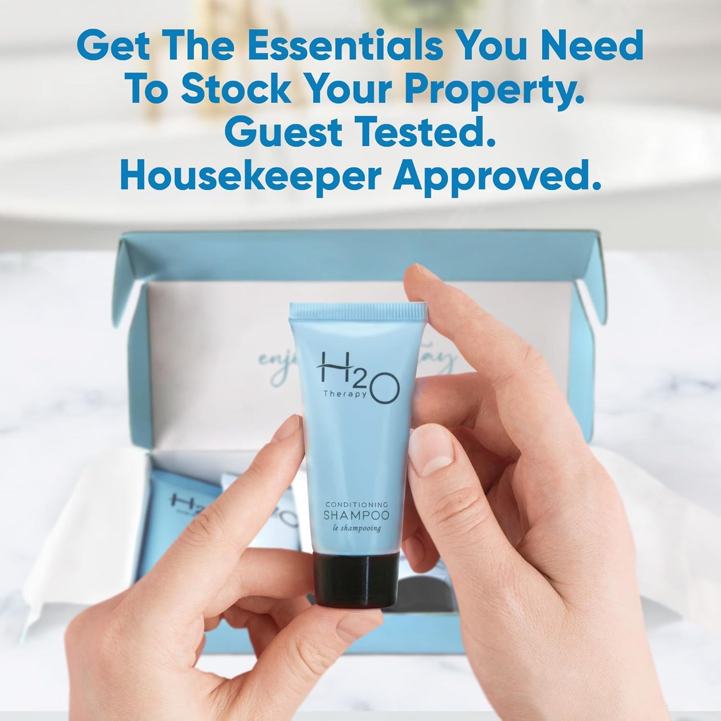 H2O Therapy Amenity Kit | Hotel Bulk Toiletries | 0.85 oz Shampoo, Conditioner, Lotion, Body Wash, Body Bar Soap for Guest Hospitality Vacation Rentals | 15 Sets/Case