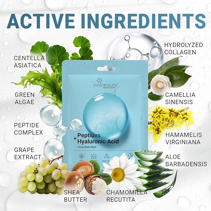 8 Pack Hyaluronic Acid Face Mask with Peptides Complex - Deep Hydrating & Brightening Facial Sheet Mask - Moisturizing Face Masks Skincare Facial Sheets for All Skin Types