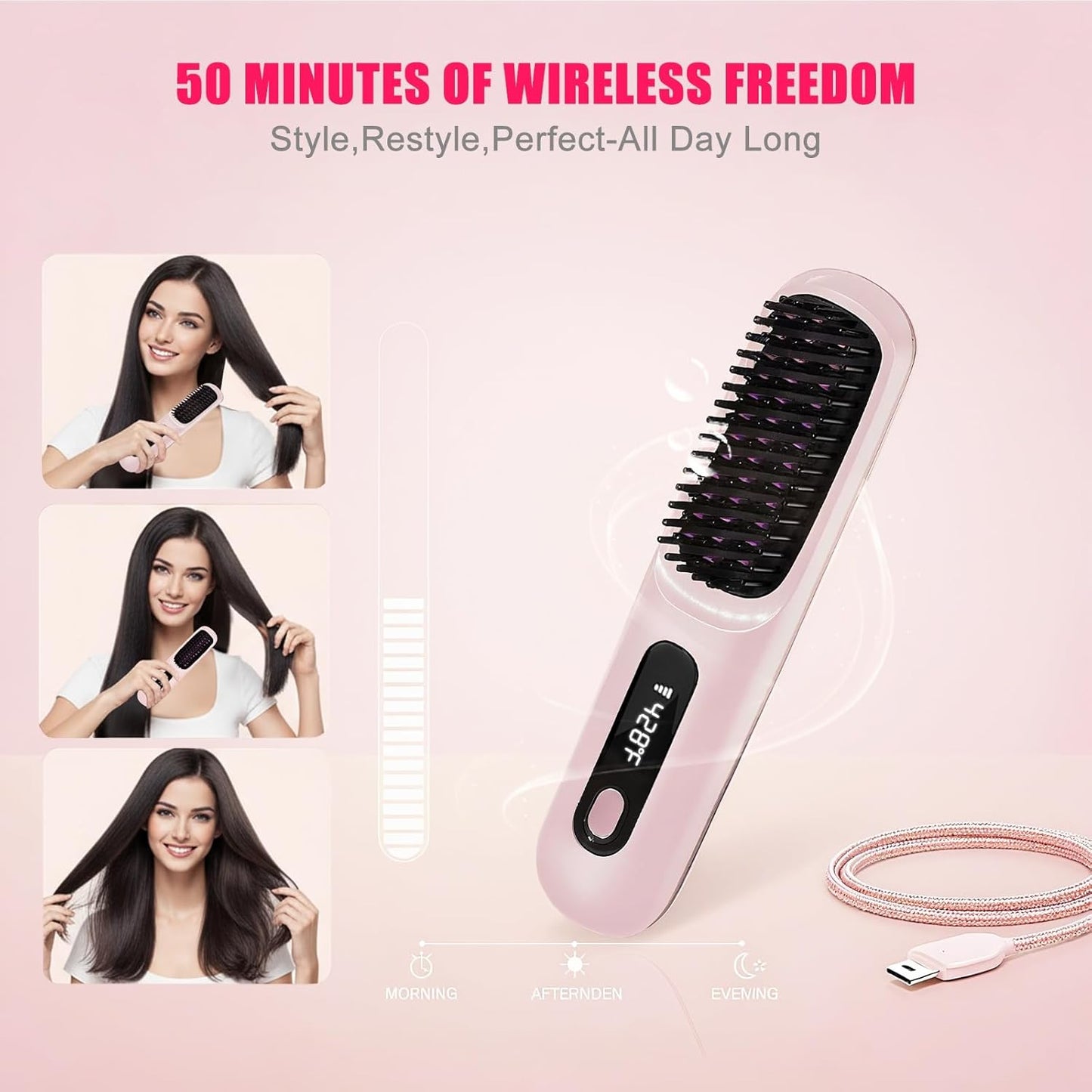 New Go Brush Pro 2025 Cordless Hair Straightener Brush - 20s Fast Heat Up, 50 Min Runtime, 199M Frizz-Fighting Ions, 4-Temp & LED, 3200mAh USB-C, Auto Shut-Off, Travel-Friendly (Pink)