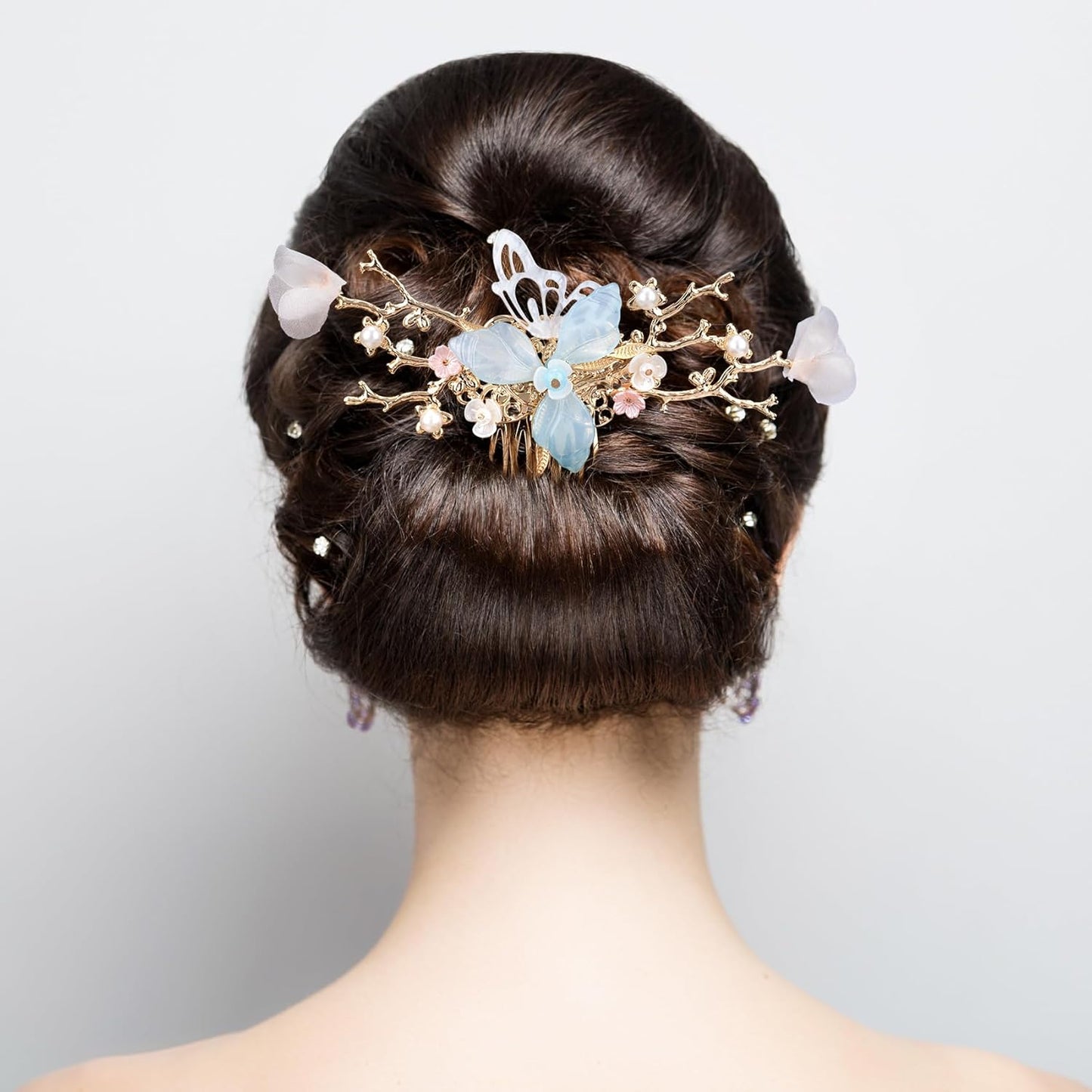 5pcs Flower Tassels Hairpin for Women, Non-Slip Crystal Pearl Greenstick Hair Clips, Retro Chinese Hanfu Wedding Brides Hair Accessories for Long Hair