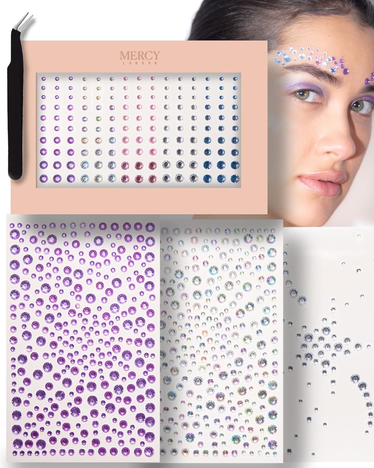 MERCY LONDON Face Gems in Unicorn, 866 Self Adhesive Rhinestone Stickers for Face, Eye, Makeup, Body, DIY Face Gems