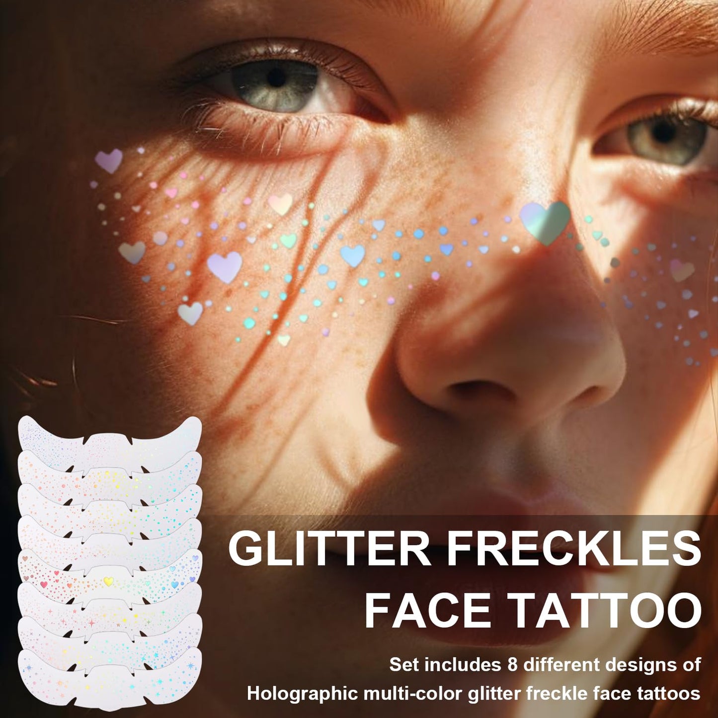 8 PCS Holographic Multicolor Glitter Freckles Face Tattoo, Makeup Patch, Faux Freckles Waterproof Temporary Tattoos Cute Glitter For Women and Kids Halloween Christmas (8PcsA Holographic Multicolor)
