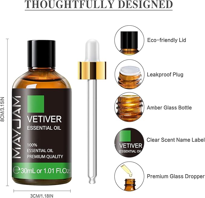 Vetiver Essential Oil 30ML, Pure Vetiver Oil Essential Oils for Aromatherapy, Candles, Soaps(1.01FL.OZ)