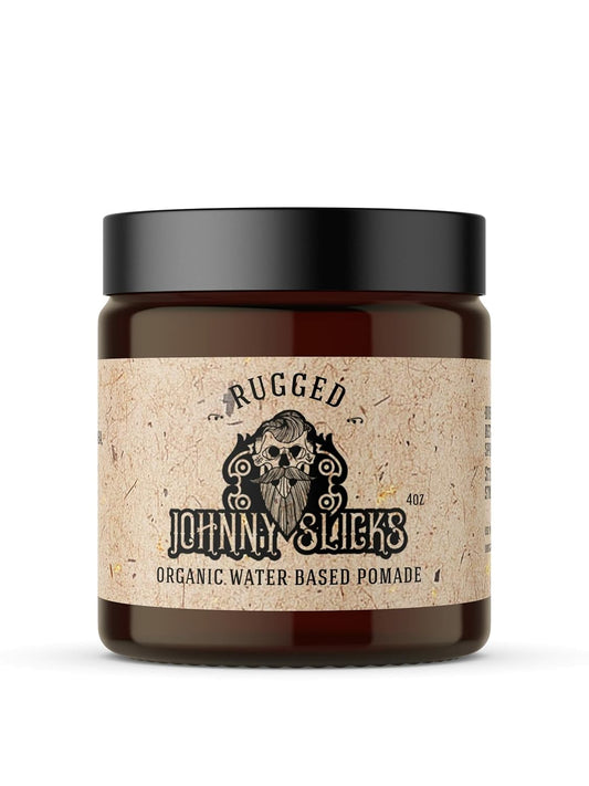 Johnny Slicks Water Based Pomade | Strong Hold, High Shine, All Organic Styling for Men | Promotes Healthy Hair Growth & Helps Hydrate Dry Skin (Rugged, 4 Ounce) US Made, Veteran Owned