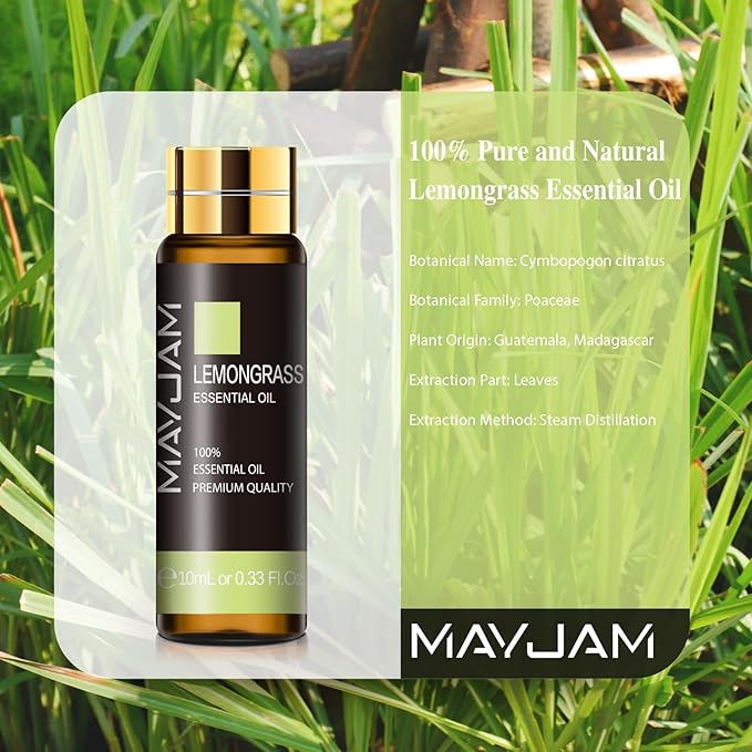 Lemongrass Essential Oil, MAYJAM 10ML/0.33FL.OZ Premium Lemongrass Oils for Soap Candle Making, Diffuser, Bedroom, Living Room, Office