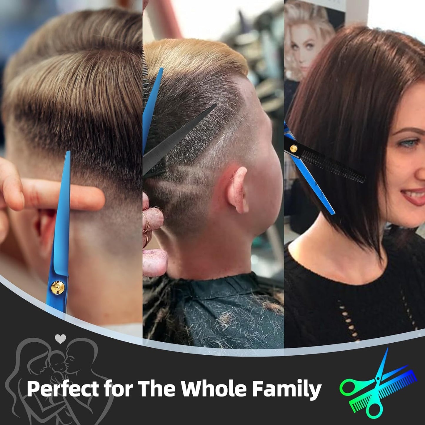 Hair Cutting Shears Sets - Professional 9 PCS Haircut Scissors Kit with 6.5" Thinning/Texturizing Scissors (29 Teeth) and Straight Shears for Men Women Home Salon (Black & Blue)