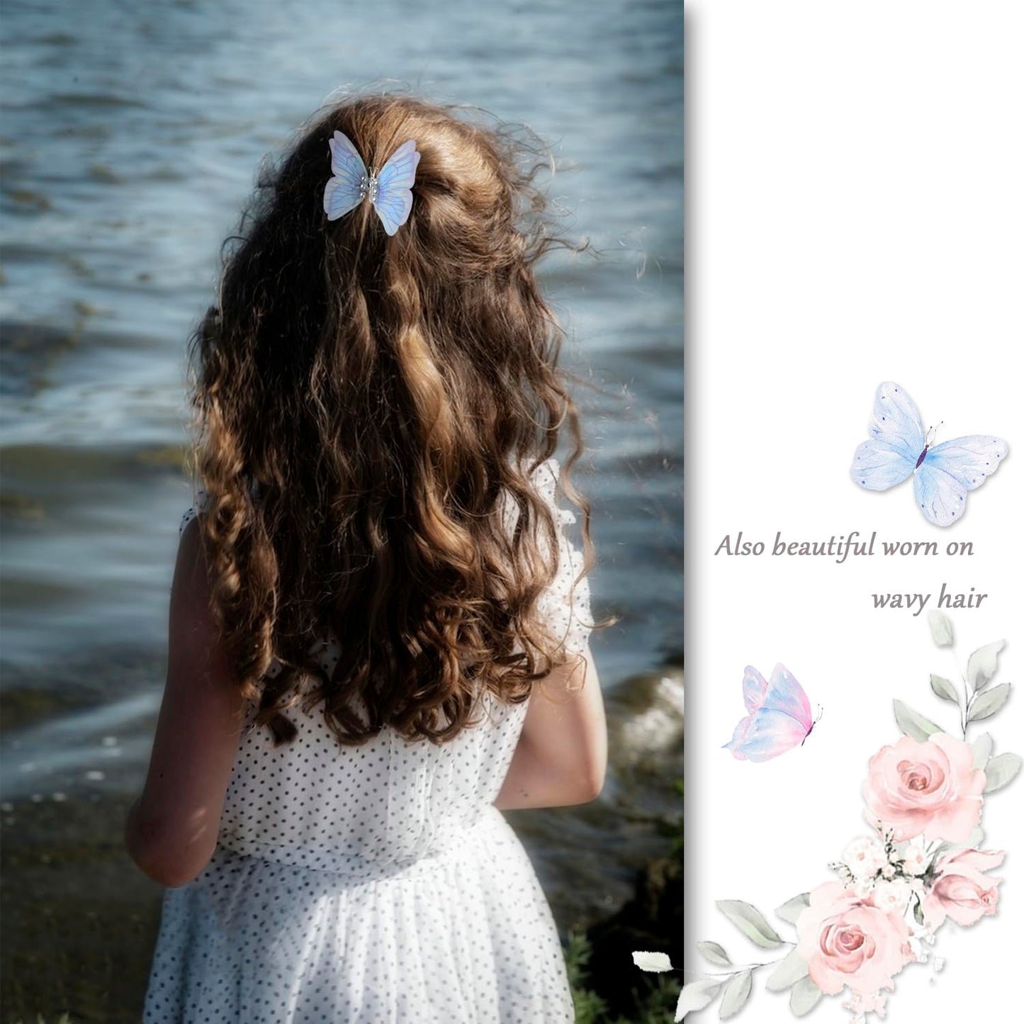 Blue Butterfly Medium Hair Clips Set - 2 Pcs with Dangling Wings - Beautiful Butterfly Hair Accessories for Girls & Women