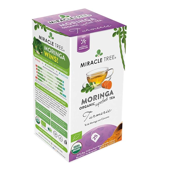 Miracle Tree - 3 Count of Organic Moringa Superfood Tea, 25 Individually Sealed Tea Bags, Turmeric (Keto, Detox, Energy/Immunity Booster, Vegan, Gluten-Free, Organic, Non-GMO, Caffeine-Free)