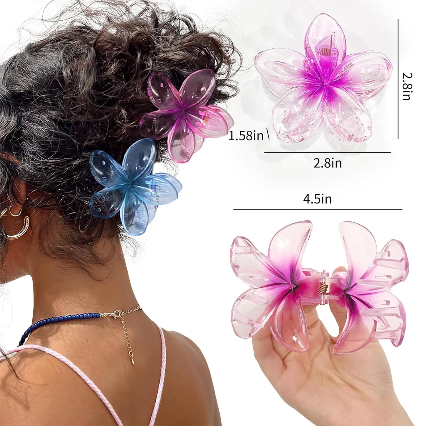 Colorful Clear Flower Hair Claw Clips - 4PCS Large Hawaiian Style Clips for Thick/Thin Hair, Birthday Gifts for Women/Girls