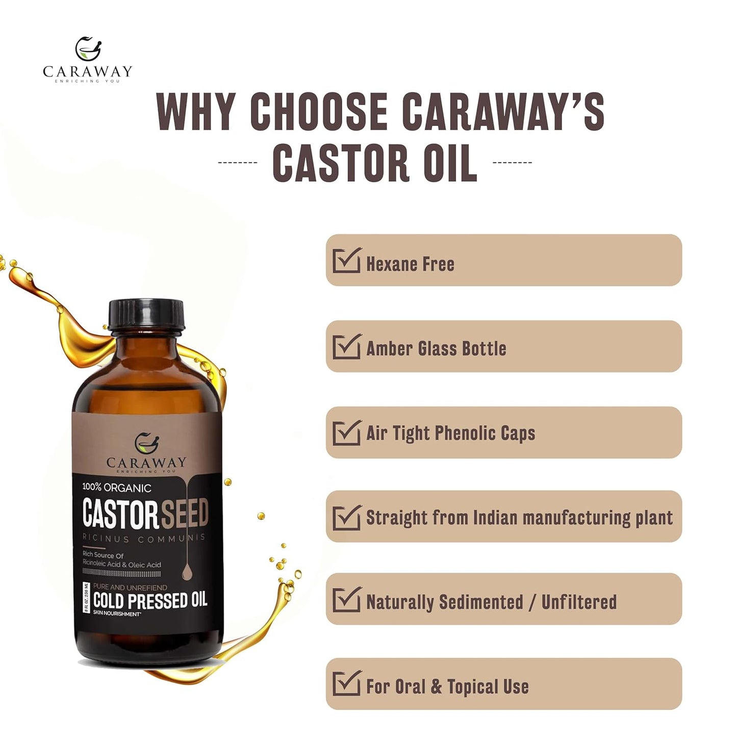 CARAWAY Cold Pressed Pure Castor Oil – Indian Handmade | Therapeutic Grade | Edible | For Liver Detox, Hair Growth, Eyelashes, Skin, Constipation & Joint Pain | Glass Bottle – 236ml