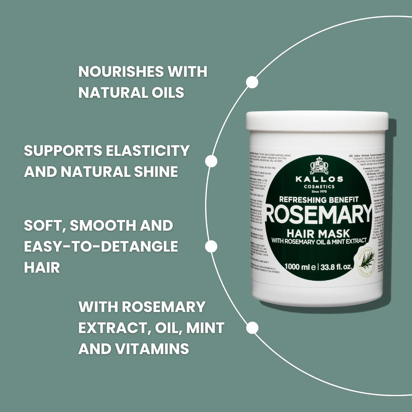 Kallos KJMN Rosemary Hair Mask with Rosemary, Mint & Natural Oils 1000 ml – 33.81 Fl Oz