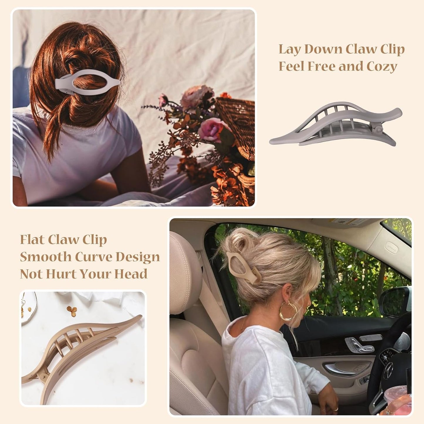 Flat Hair Clip 6 pcs Lay Down Claw Clips Hair Accessories for Women -Brown Grey