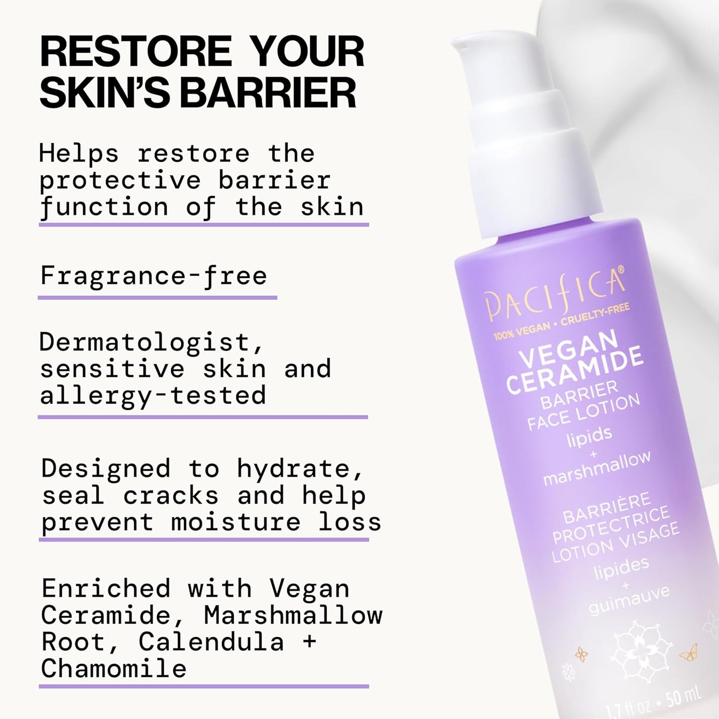 Pacifica Face Moisturizer - Vegan Ceramide Barrier Repair Face Lotion, Hydrating, For Dry Skin, Dermatologist Tested, Safe for Sensitive Skin, Fragrance Free, Vegan + Cruelty Free