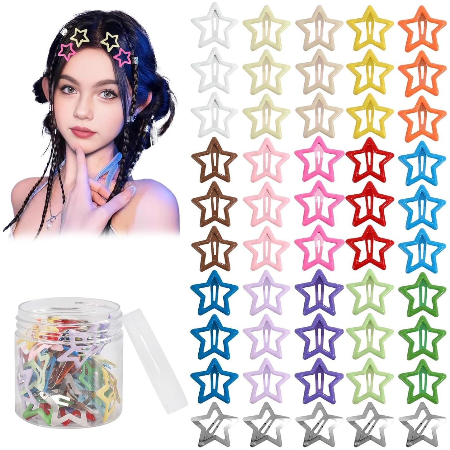 Star Hair Accessories - 50Pcs Colorful Metal Non-Slip Snap Hair Clips and Barrettes for Girls and Women