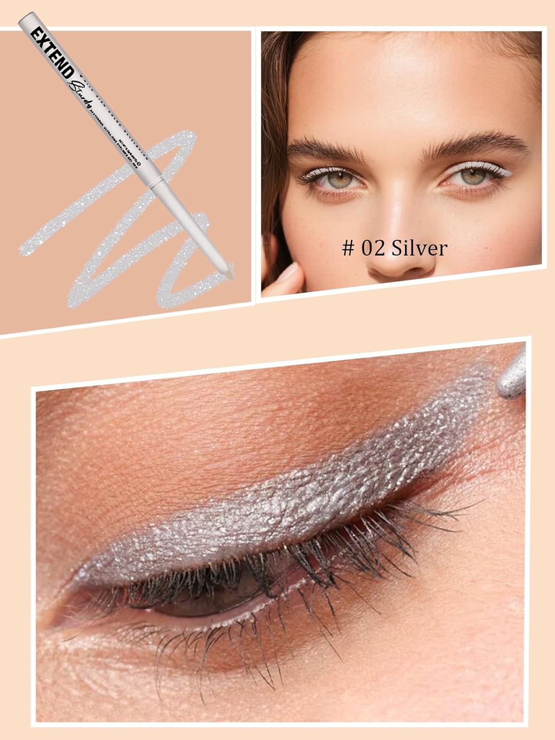 Silver Gel Glitter Eyeliner Pencil, Metallic Waterproof Smudge-Proof Creamy Retractable Smooth Eye Liner pencil, Hypoallergenic Long Lasting Eyeliner Brightener Pen Crayon Eye Makeup Gift for Women#02