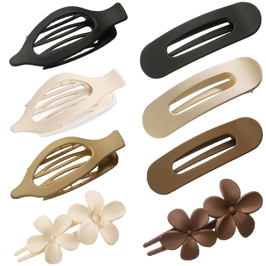 8 PCS Flat Hair Clips, 3 Styles Large Flat Claw Clips for Women, French Strong Hold Non-slip Duckbill Hair Claws for Thin Thick Hair(Neutral Matte)