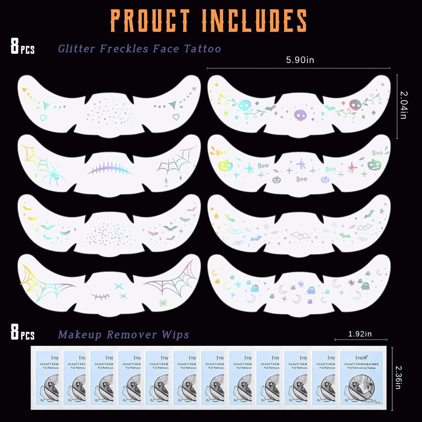 8pcs Holographic Silver Halloween Glitter Freckles Face Tattoo, Waterproof Long Lasting Multicolor Speckles Patches for Women Kids, Cute Temporary Tattoo Makeup Accessories for Festival Rave