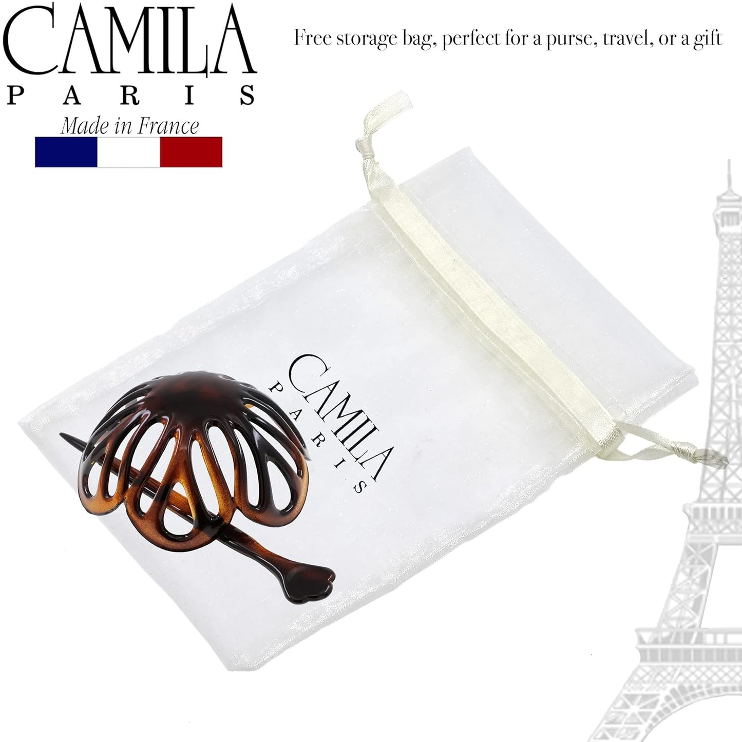 Camila Paris NV149 French Hair Bun Clip Maker Cover Cap Holder, Tortoise Shell, Round Dome Bun Hair Clip for Women Hair Updo, Styling Hair Bun Accessories for Women, No Slip Durable, Made in France