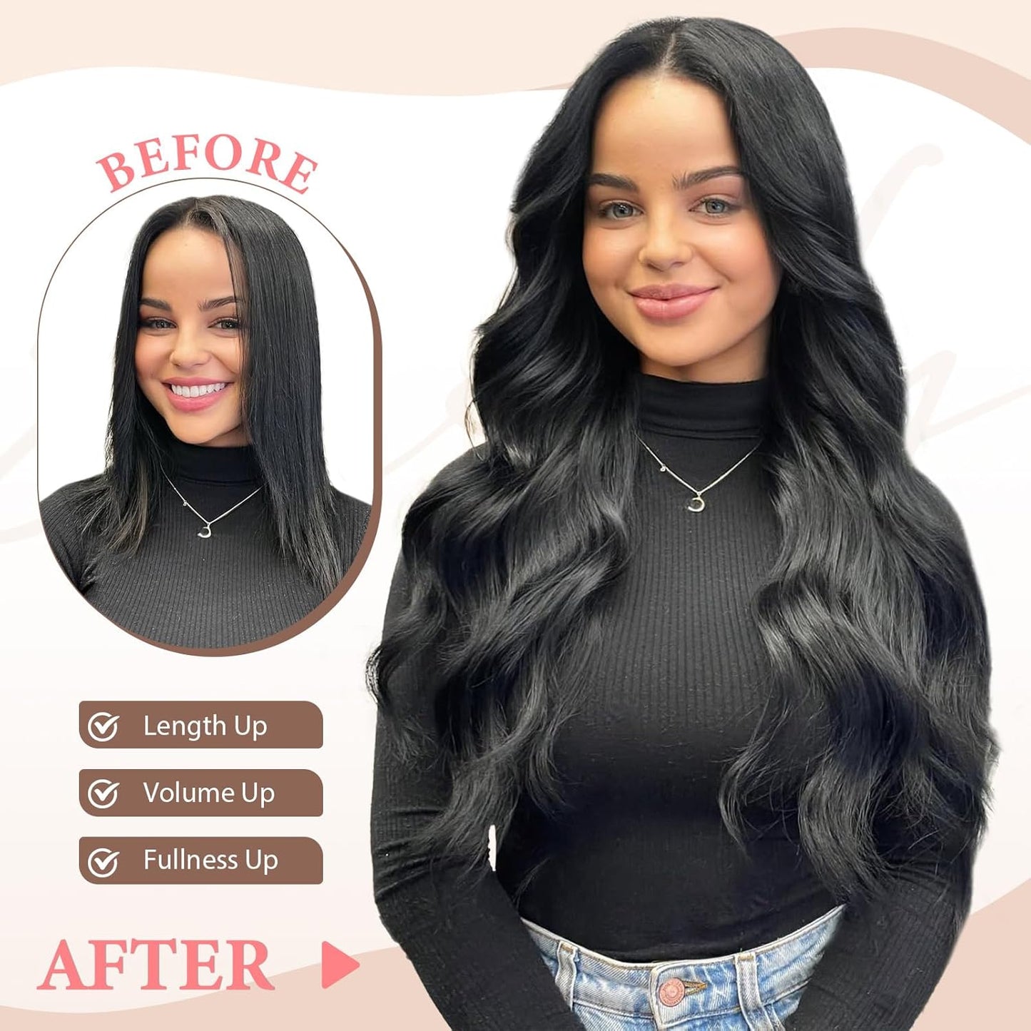 synthetic Clip in Black Hair Extensions for Women, 6 PCS Natural Black Hair Extensions, Thick Hairpieces Double Weft Wavy Hairpieces, Soft Hair & Blends Well (20inch, 6pcs, Natural Black)