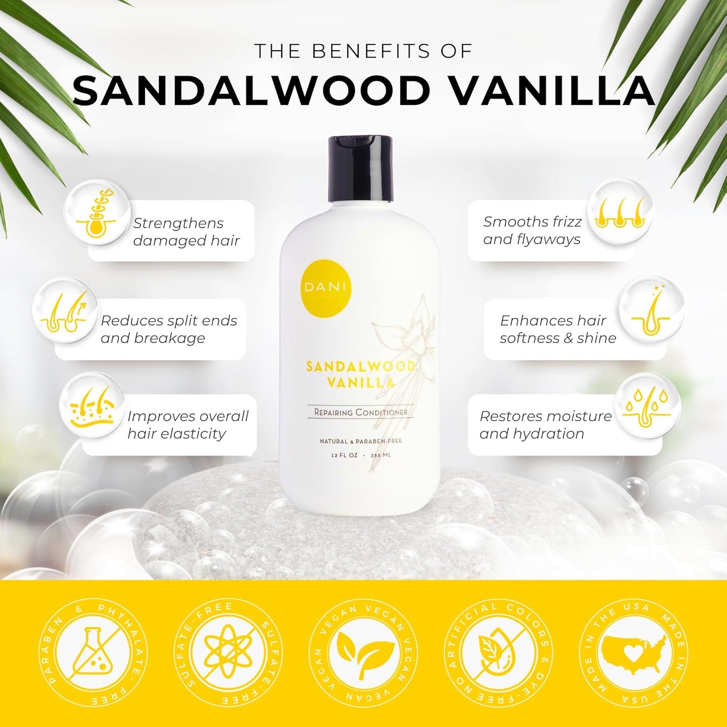 DANI Naturals Conditioner – Sandalwood Vanilla, Strengthening & Thickening for Fuller-Looking Hair, Lightweight & Hydrating, Vegan & Color-Safe, 12 oz