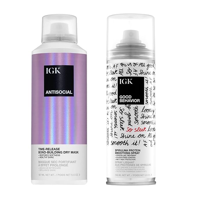 IGK Hair Treatment Full Size Set | Antisocial Dry Hair Mask + Good Behavior Spirulina Spray | Overnight Bond-Building + Keratin Like Smoothing Spray | Vegan + Cruelty-Free | Set of 2