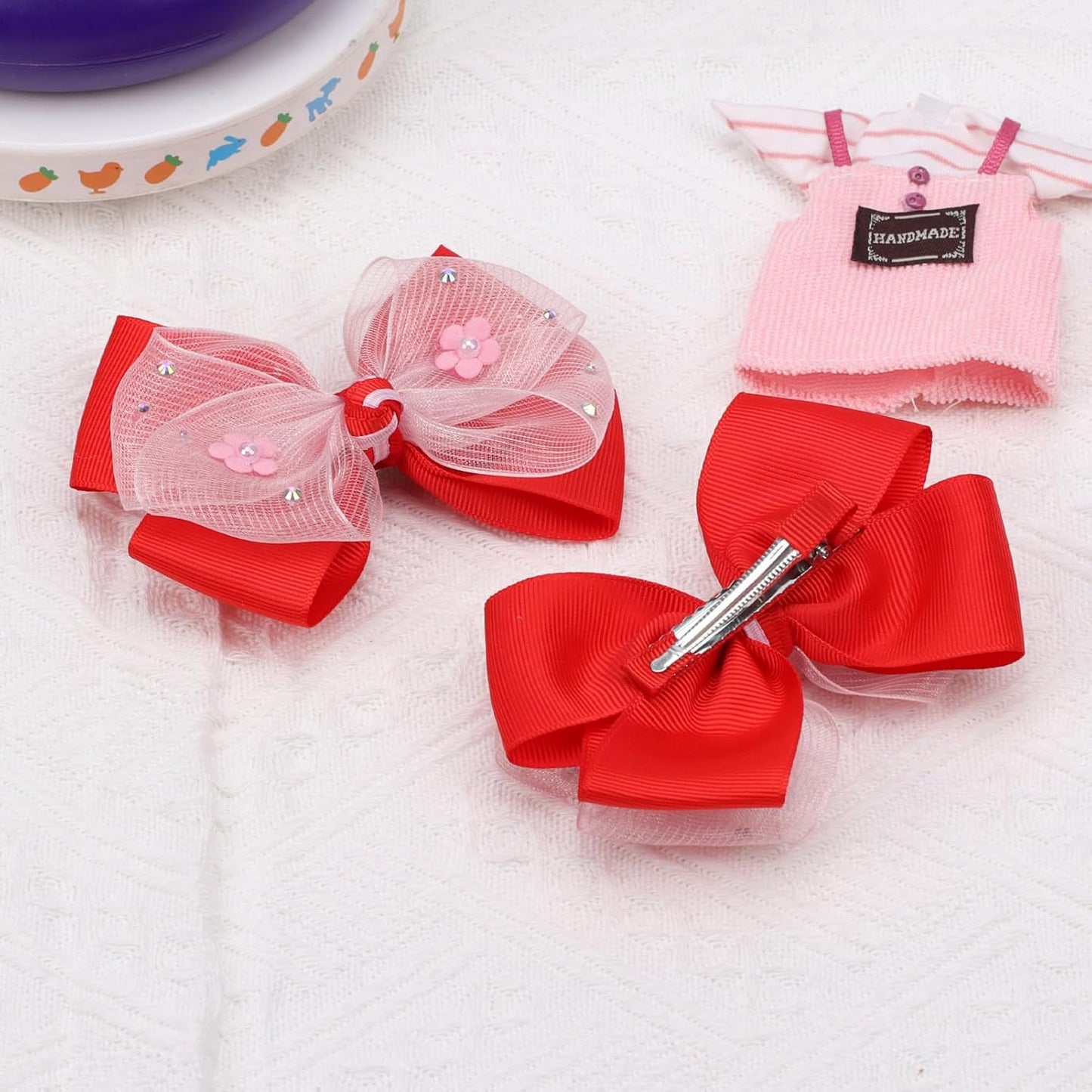 KISZU 4.5 Inch Flower Hair Bow Clips, Organza Bows with Pearls Big Hair Accessories for Baby Girls Kids Children Teens and Women (Red)