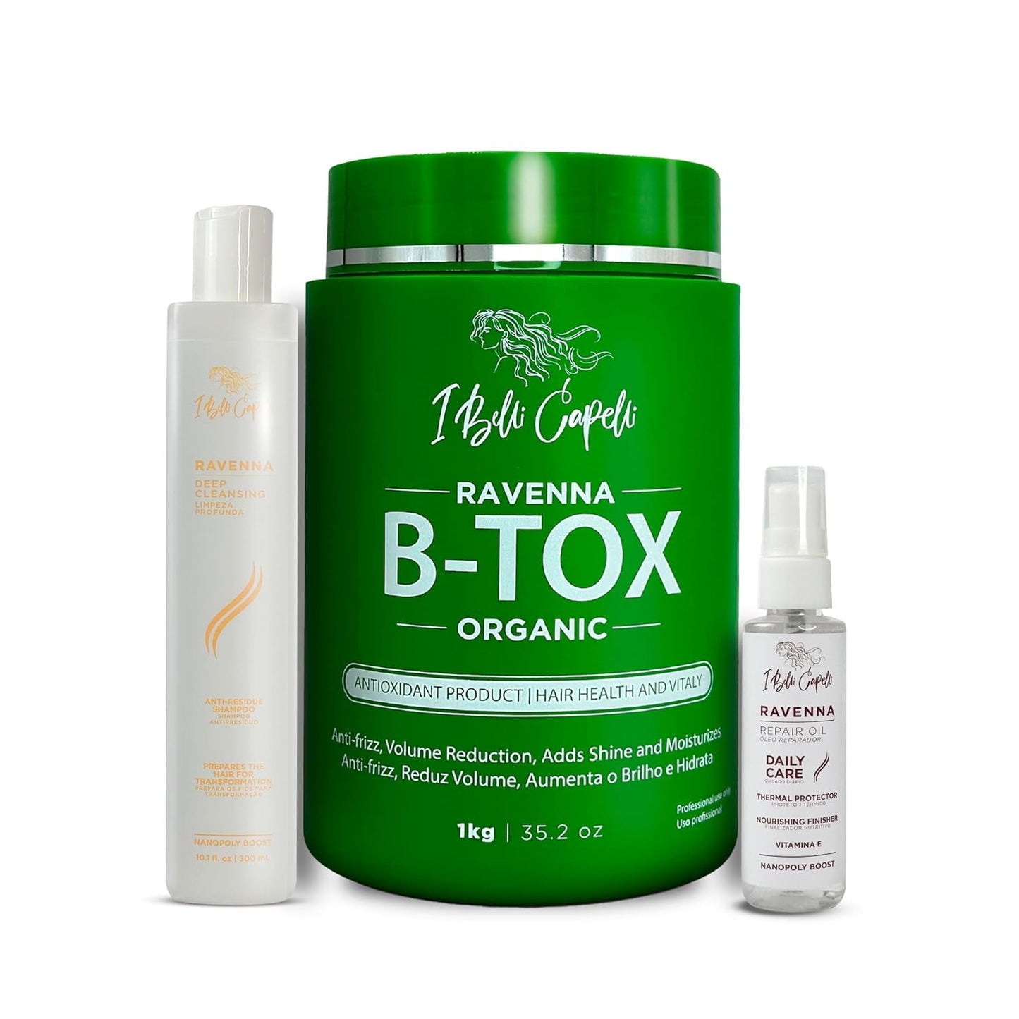 I Belli Capelli Ravenna B-tox Organic Smoothing Mask, Repair Oil, and Deep Cleansing Anti-Residue Shampoo – Complete Hair Straightening System for All Hair Types