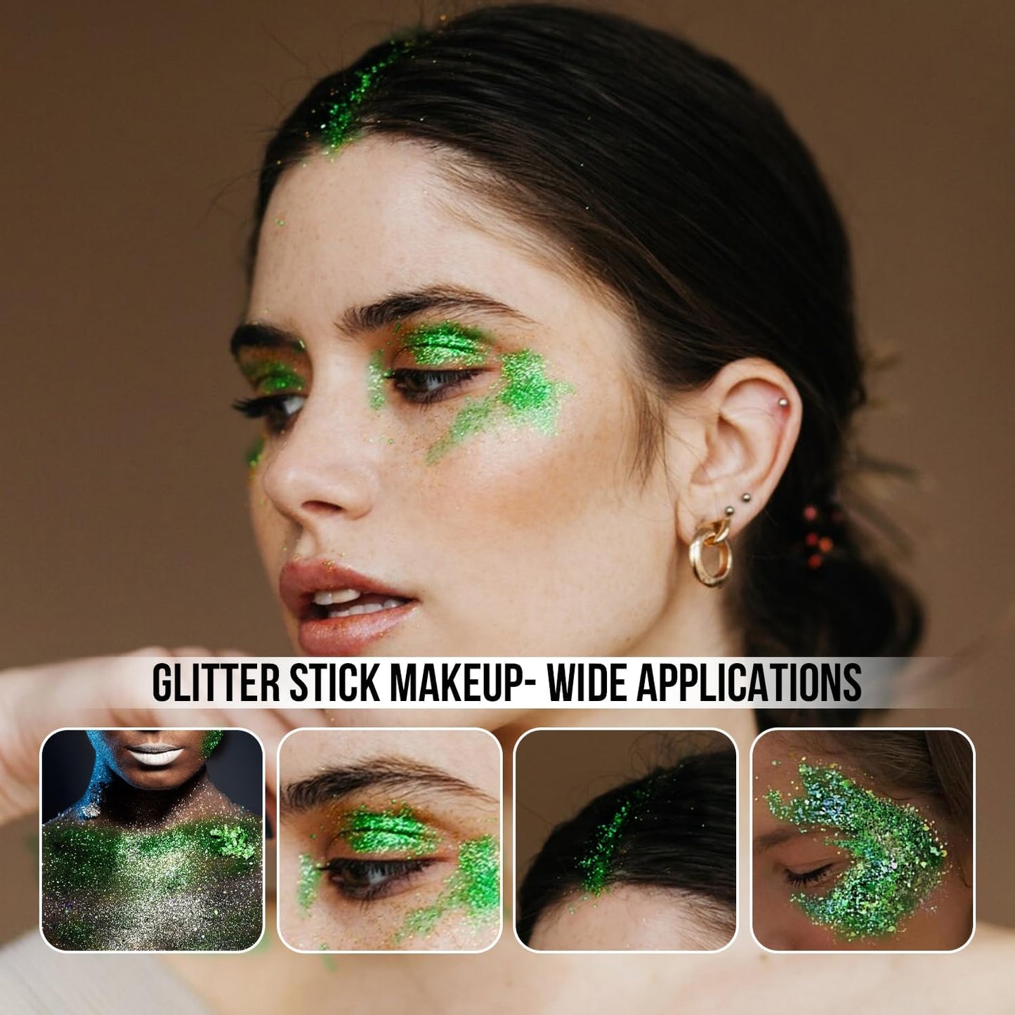 Brzeaf Waterproof Green Body Glitter Stick, Halloween Chunky Glitter for Face/Body/Hair/Eyes/Lip, Singer Concert Music Rave Festival, Glitter Stick Makeup & Face Glitter Gel for Women Men 0.56 OZ