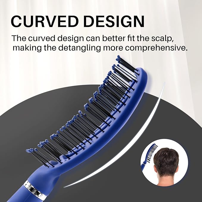 RHOS Curved Vented Detangling Hair Brush for Men, Faster Blow Drying/Styling,Paddle Vent Detangler Brush for Short,Thin,Bangs,Wet&Dry Hair(Blue)