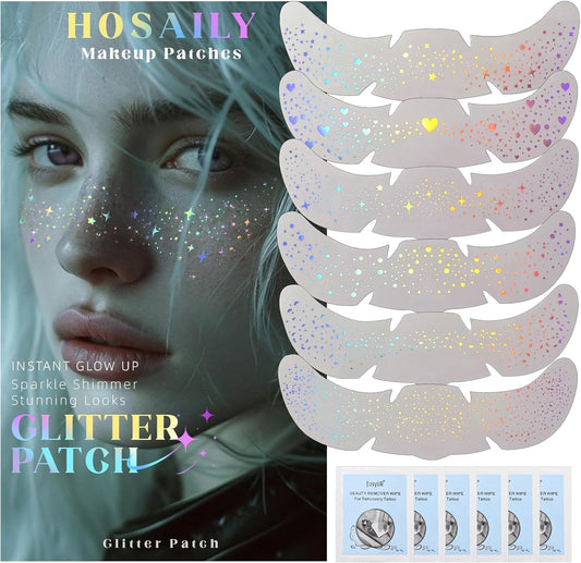 6 pcs Holographic Glitter Freckles Face Tattoo, Waterproof Sparkle Body Glitter Speckles Patches for Women, Cute Star Glitter Stickers Temporary Tattoo Makeup Accessories for Festival Rave