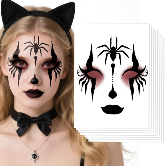Halloween Spooky Face Tattoos, Spider Temporary Tattoo Stickers, Face Tattoo Decals,Temporary Makeup Stickers, Face Tattoo Sticker Art for Halloween Adults Costume Parties 8Pcs