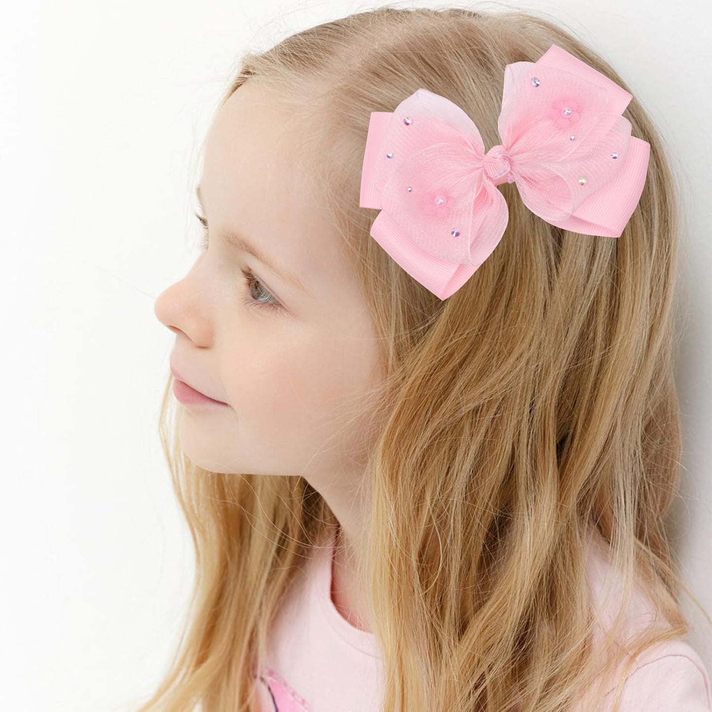 KISZU 4.5 Inch Flower Hair Bow Clips, Organza Bows with Pearls Big Hair Accessories for Baby Girls Kids Children Teens and Women (Pink)