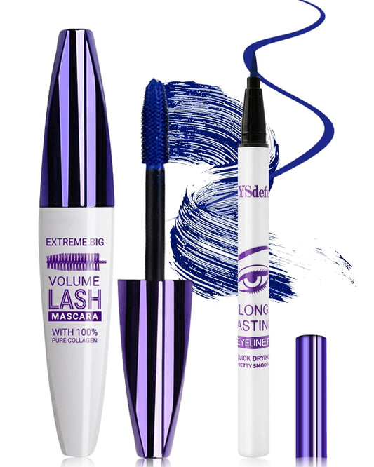 Blue Mascara Liquid Eyeliner Set, Update Longlasting Waterproof Color Eye Liner Pen, 5D Silk Fiber Colored Mascara Volume and Length, Halloween Party Stage Use Eye Makeup Gift Kit for Women Girl-04