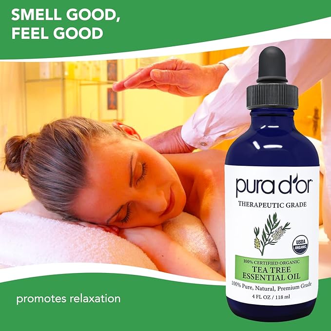 PURA D'OR ORGANIC Tea Tree Melaleuca Essential Oil (4 Oz with Glass Dropper) 100% Pure & Natural Therapeutic Grade For Hair, Body, Skin, Scalp, Aromatherapy Diffuser, Cleansing, Purify, Home, DIY Soap