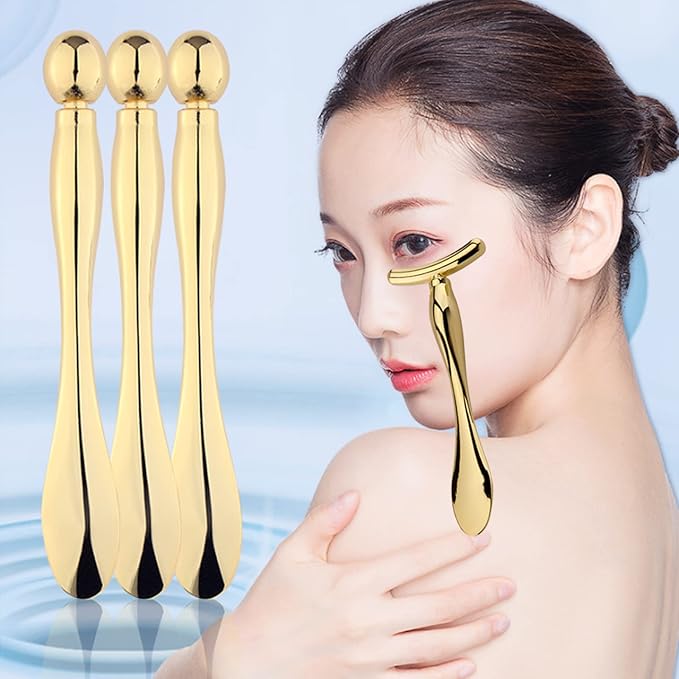 BetterJonny 3Pcs Metal Eye Cream Applicator Roller Wand Stick, Cosmetics Spoon Eye Cream Massager Wand Girls Women Facial Massager for Fatigue Relief Reduce Puffiness (Gold)