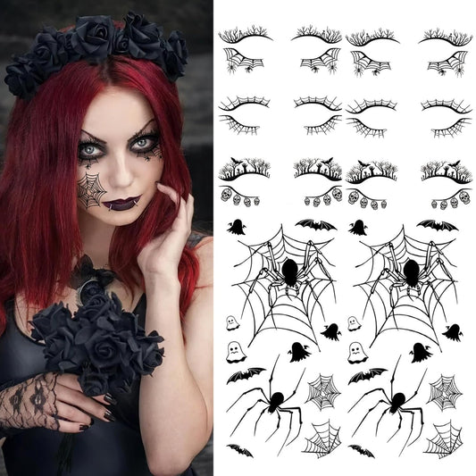 4 Sheets Halloween Face Eye Shadow Tattoo Stickers Eyeliner Decals Spider Web Skull Bat Face Makeup Temporary Tattoo Stickers for Women Halloween Masquerade Makeup Decoration