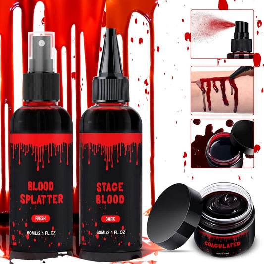 Halloween Fake Blood Makeup Kit 3PCS, Blood Spray 2.1oz, Dripping Blood 2.1oz, Coagulated Gel 1.41oz, Washable SFX Makeup Set for Vampire Zombie Monster Cosplay & Party Dress Up
